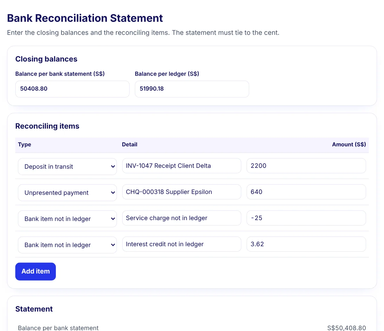 Screenshot of the Bank reconciliation statement artifact included with SG Bank Reconciliation Kit, with sample numbers
