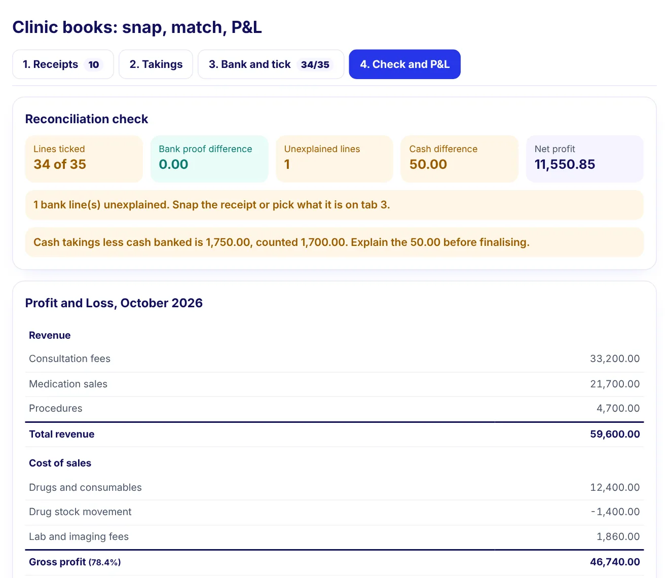 Screenshot of the Clinic books: snap, match, P&L artifact included with SG Clinic Bookkeeping Kit, with sample numbers