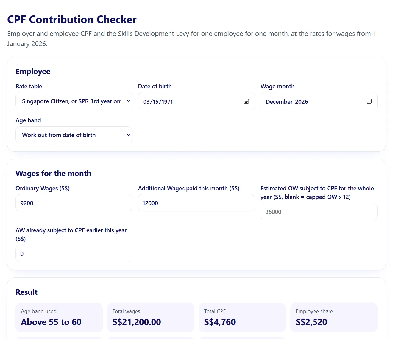 Screenshot of the CPF Contribution Checker artifact included with SG CPF Contribution Checker Kit, with sample numbers