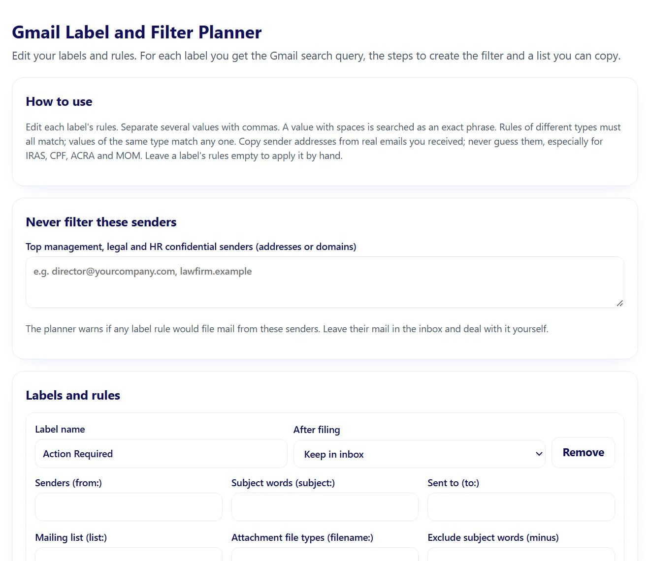 Screenshot of the Label and filter planner artifact included with Gmail Inbox Organiser Kit, with sample numbers