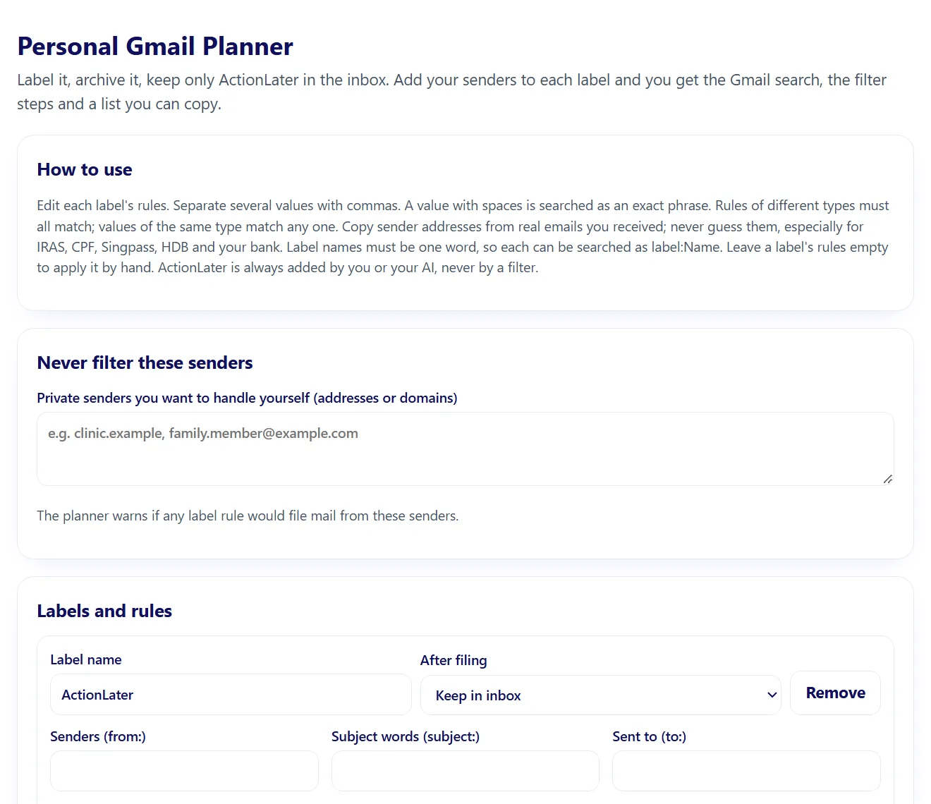 Screenshot of the Personal Gmail planner artifact included with Personal Gmail Organiser Kit, with sample numbers