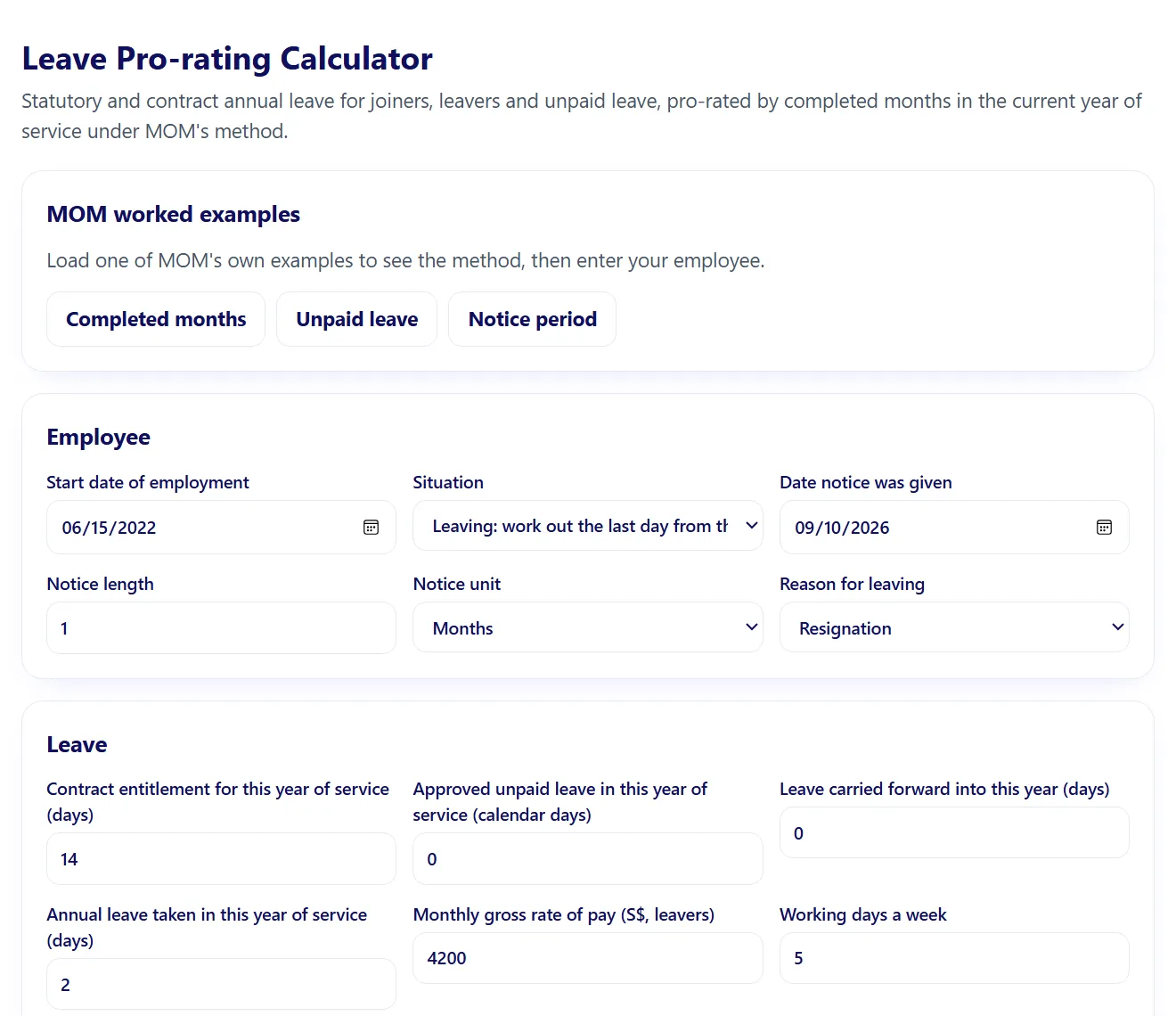 Screenshot of the Leave Pro-rating Calculator artifact included with SG Leave Pro-rating Kit, with sample numbers