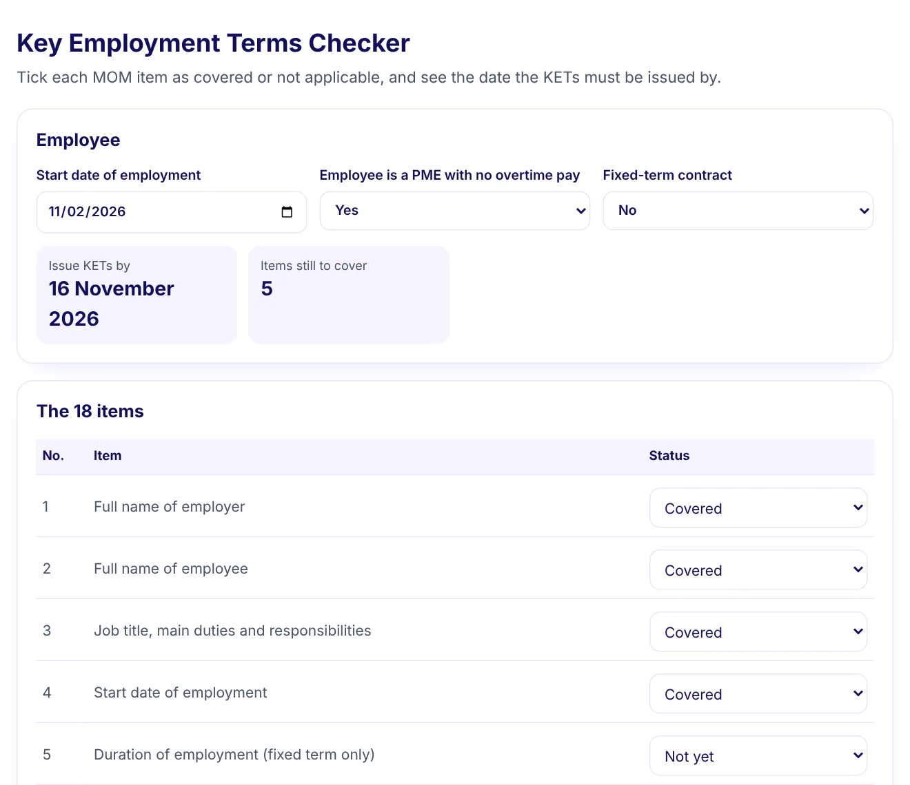 Screenshot of the Key employment terms checker artifact included with SG Offer Letter & Key Employment Terms Kit, with sample numbers